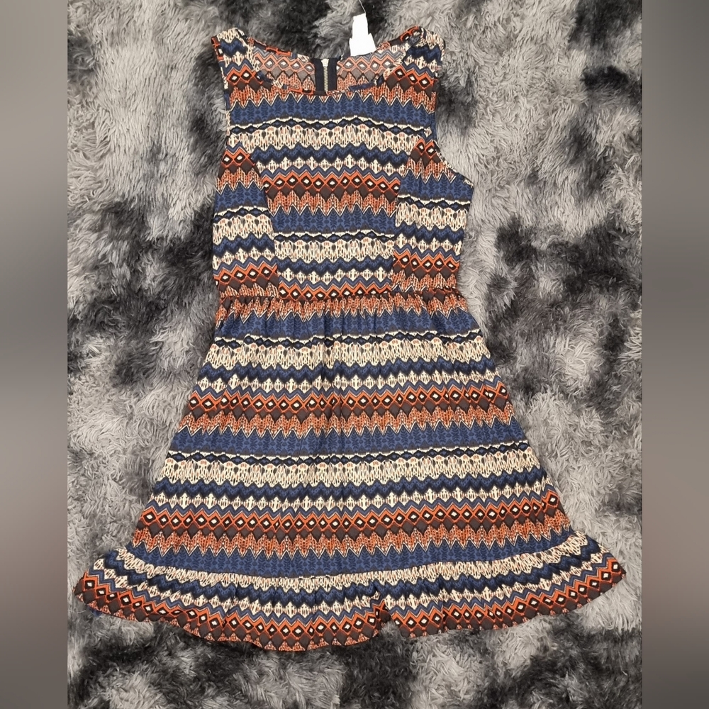 One Clothing Womens Dress XS Orange/Blu Sleeveless Shift Rear Zip Polyester